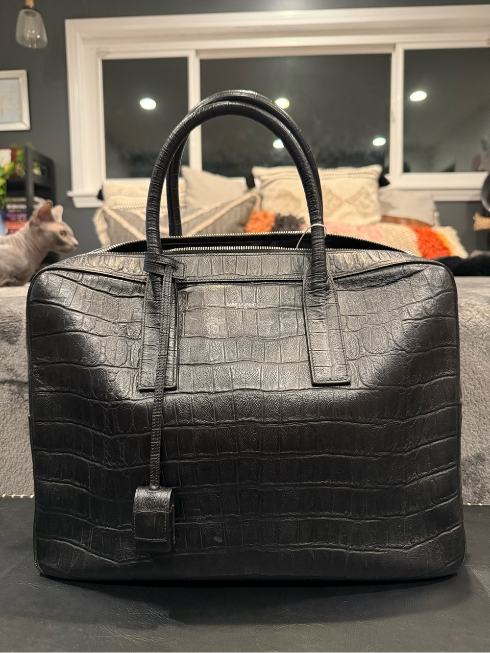 Saint Laurent Paris black croc-embossed leather briefcase